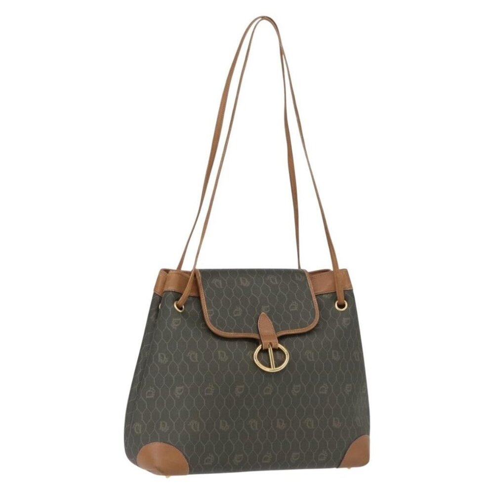Authentic Christian Dior Honeycomb Canvas Shoulder Bag PVC Gray Gold